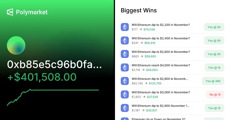 Real whale profile with $401K profit on Polymarket